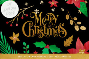 Download Christmas Floral Clipart Set - Flowers, Branches, Leafs, Text & Snowflake Confetti - Red, Green, Gold - Leaf Collection